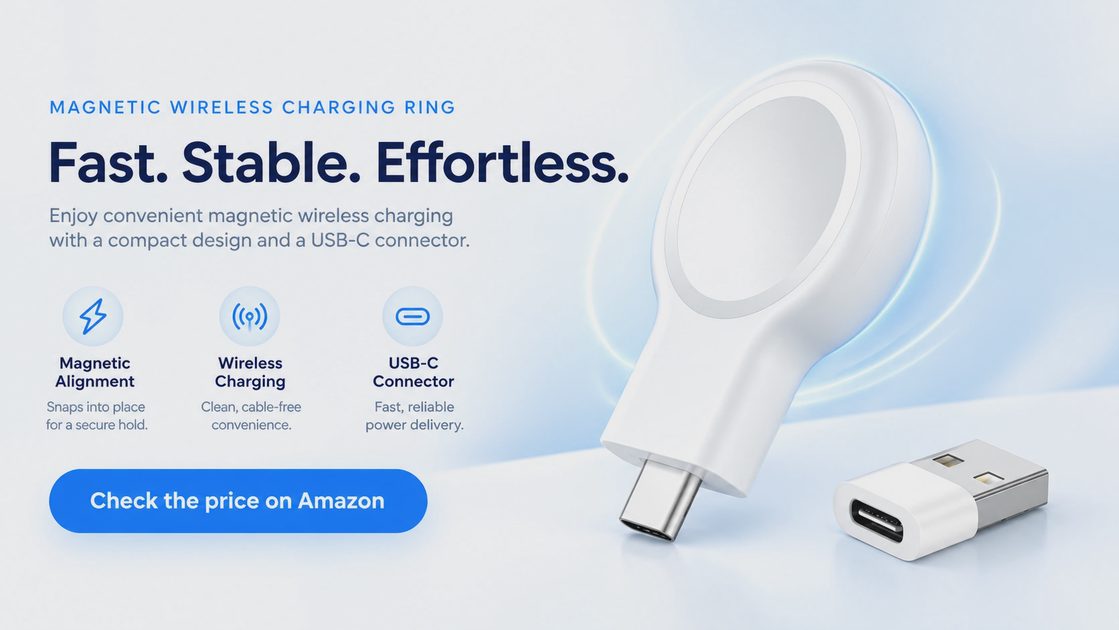 Magnetic wireless charging ring with USB-C connector. Fast, stable, and effortless charging.