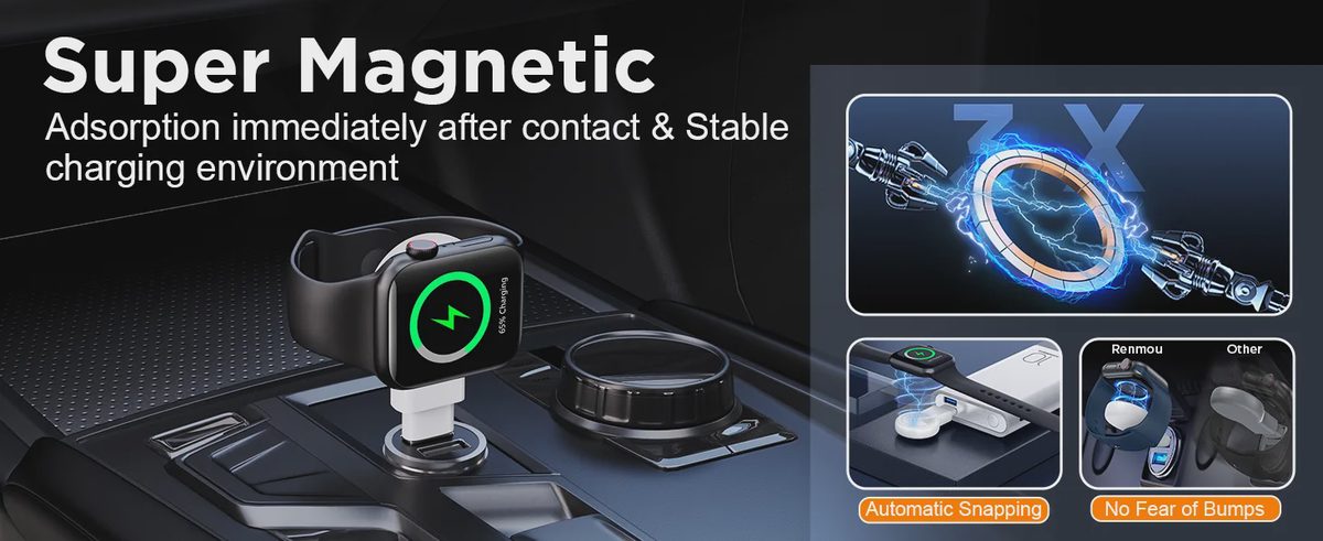 Super magnetic Apple Watch charger with 3X adsorption, automatic snapping, and bump-proof design.